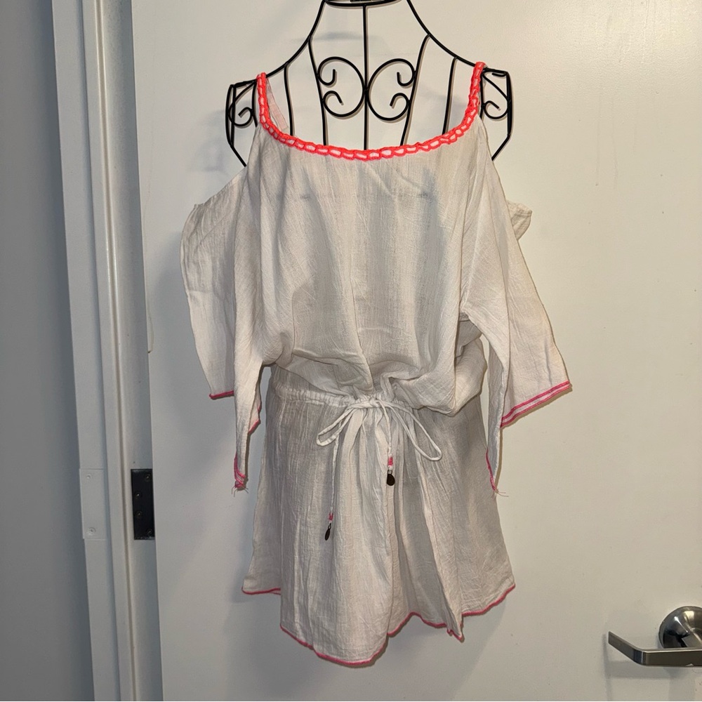 Becca Cold Shoulder White Mini Dress Coverup With Pink Trim